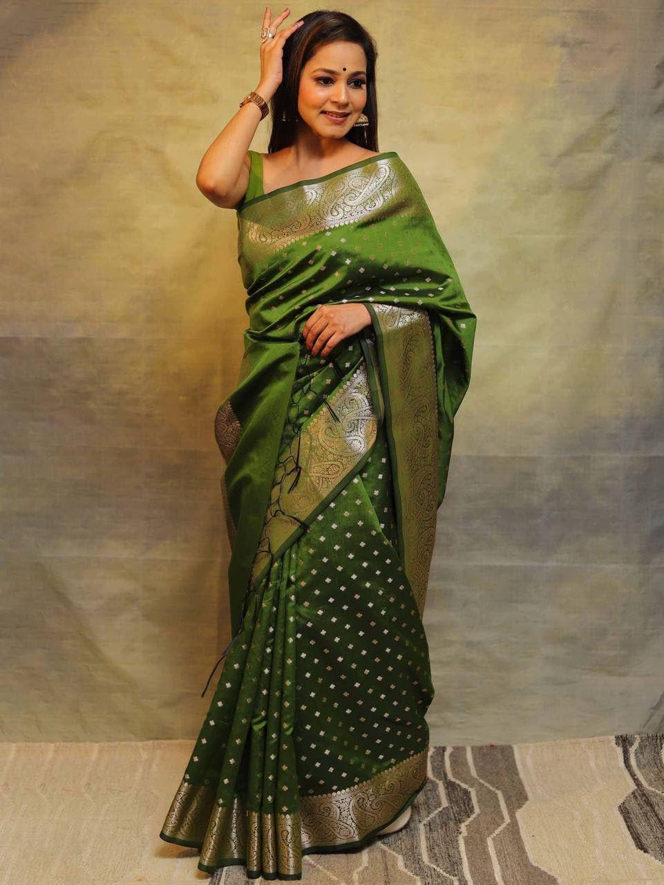 Impressive Mehndi Soft Silk Saree With Energetic Blouse Piece - Image 5