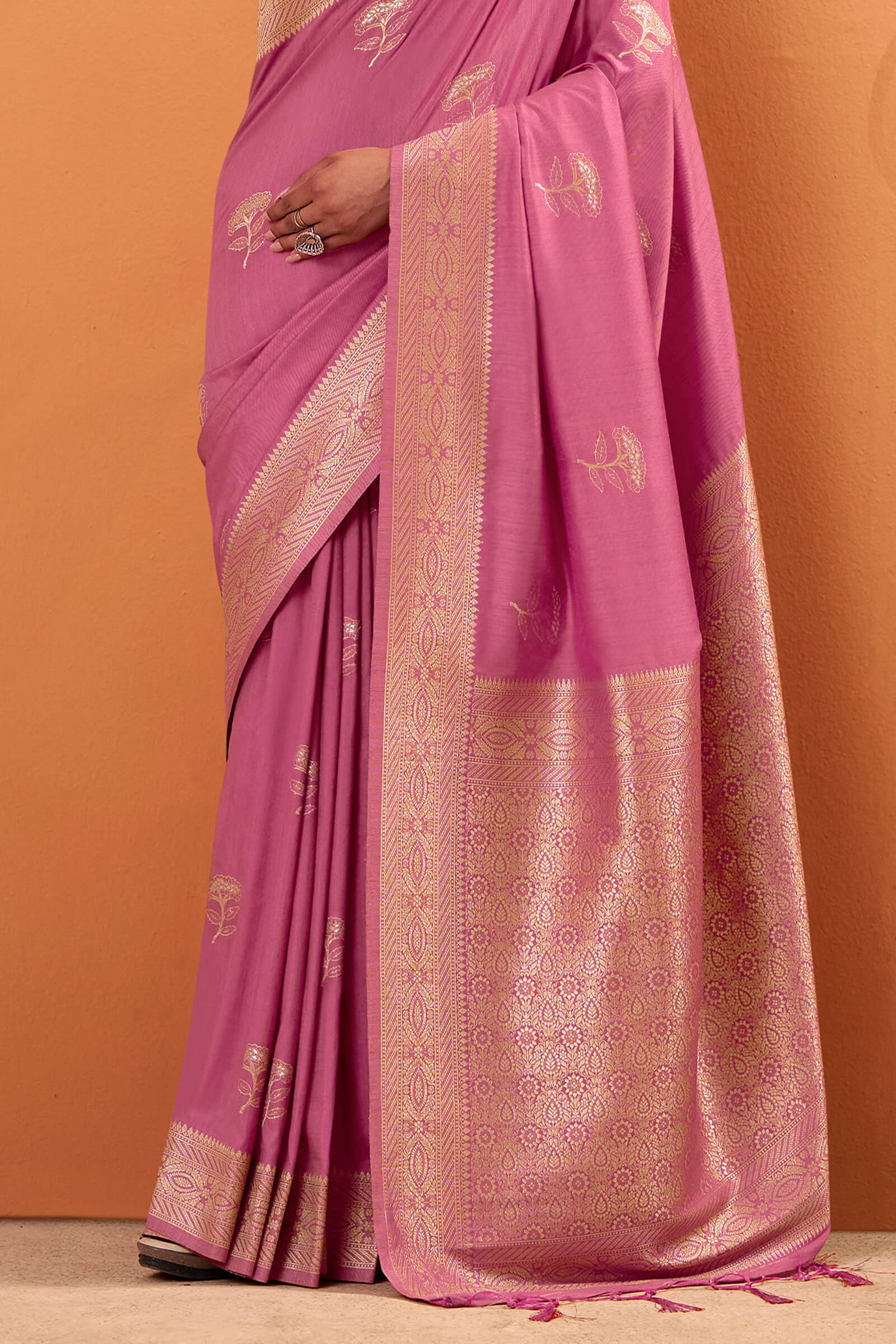 Improbable Baby Pink Banarasi Tussar Silk Saree With Glowing Blouse Piece - Image 3