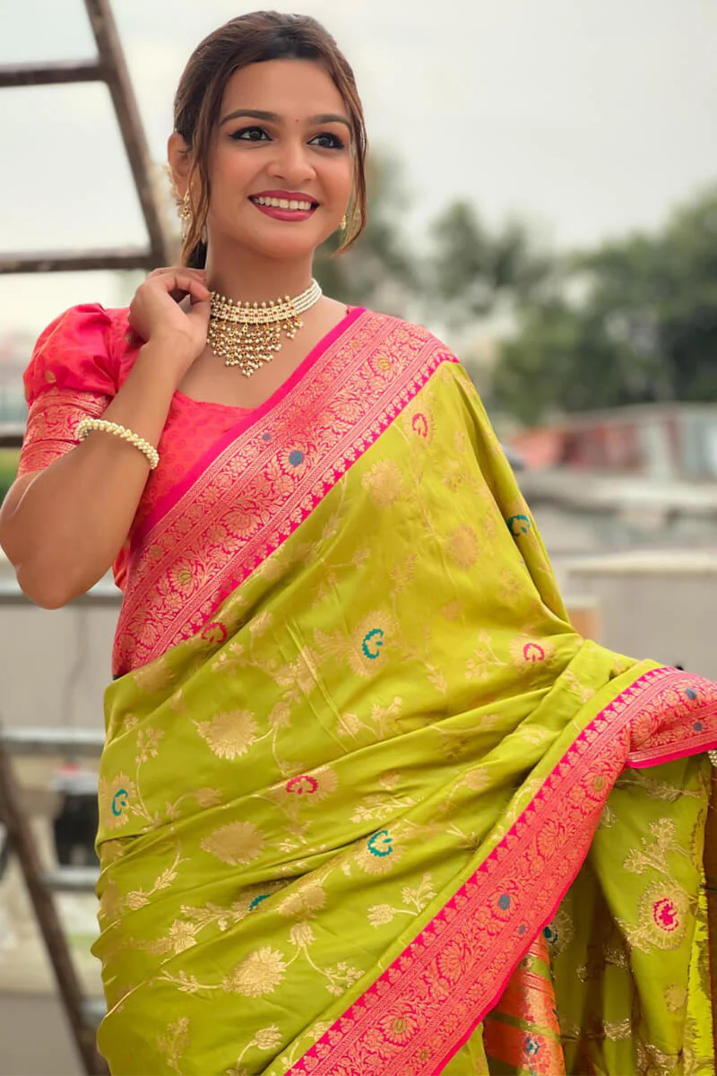 Improbable Mehndi Soft Banarasi Silk Saree With Resplendent Blouse Piece - Image 3