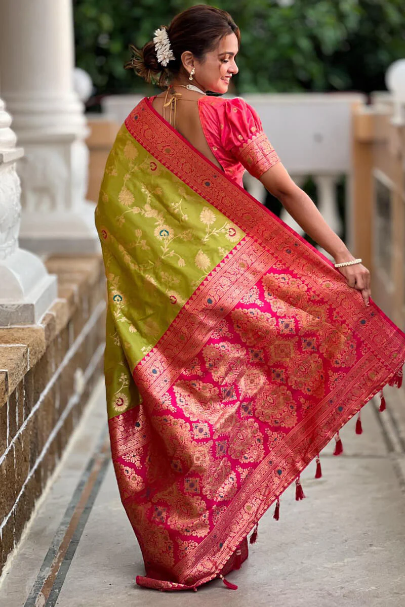 Improbable Mehndi Soft Banarasi Silk Saree With Resplendent Blouse Piece - Image 4