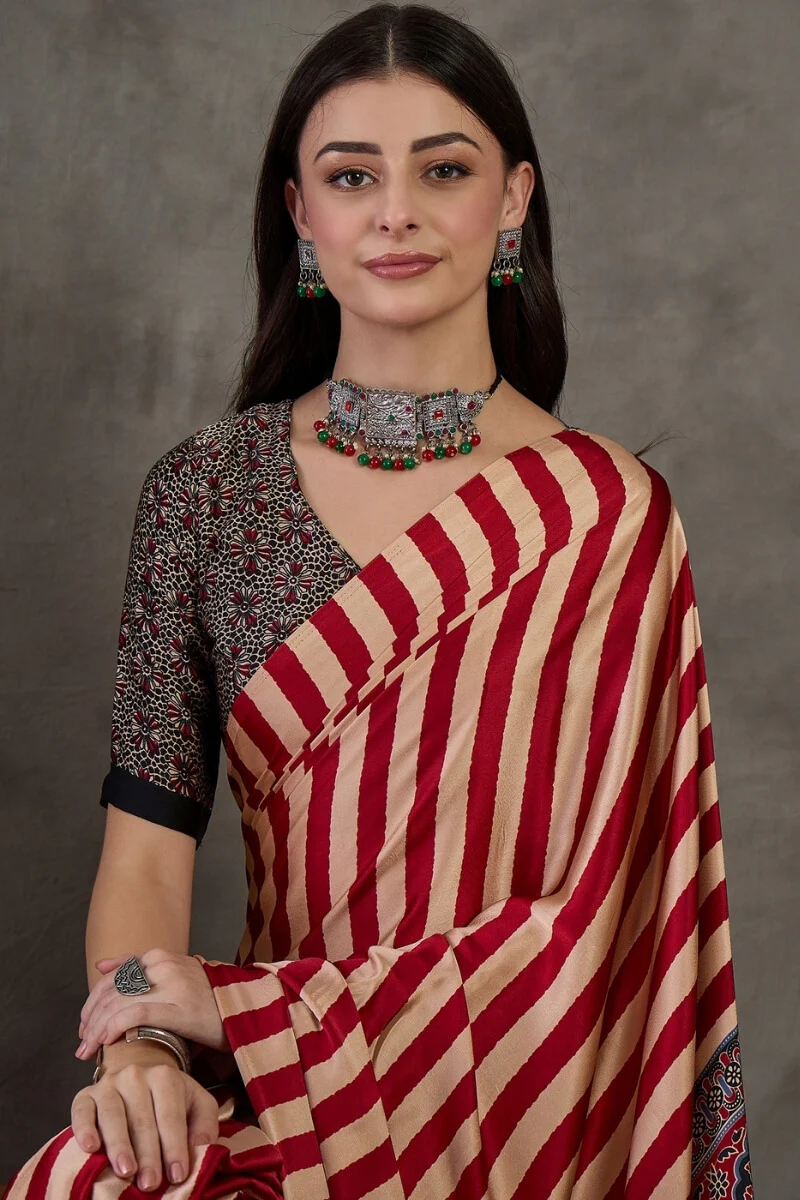 Improbable Red Ajrakh Printed Semi Modal Silk Saree With Exquisite Blouse Piece - Image 2
