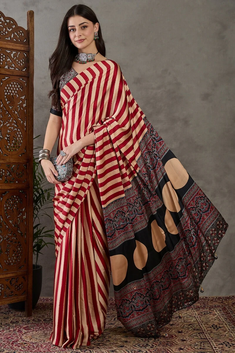 Improbable Red Ajrakh Printed Semi Modal Silk Saree With Exquisite Blouse Piece - Image 3
