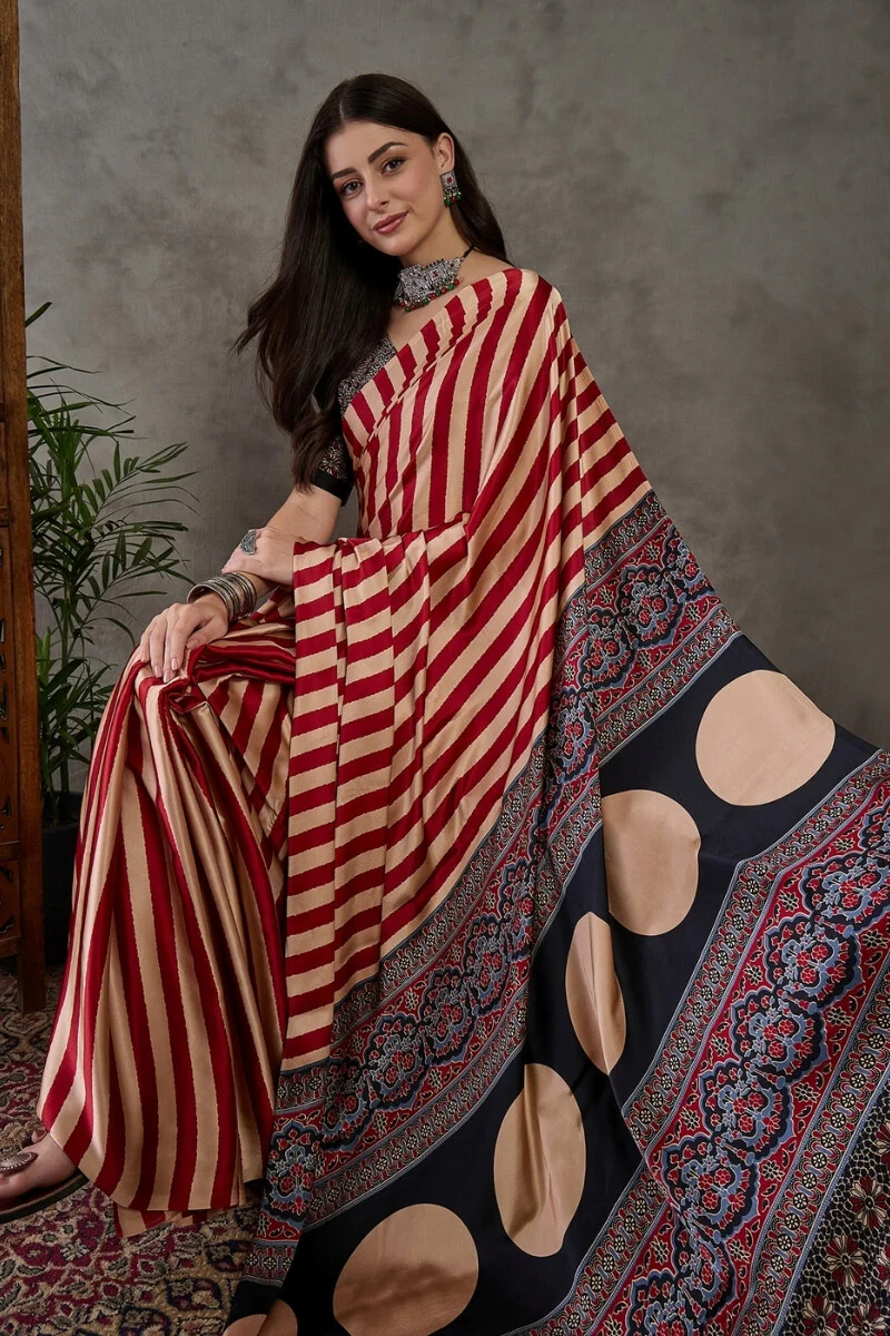 Improbable Red Ajrakh Printed Semi Modal Silk Saree With Exquisite Blouse Piece - Image 6