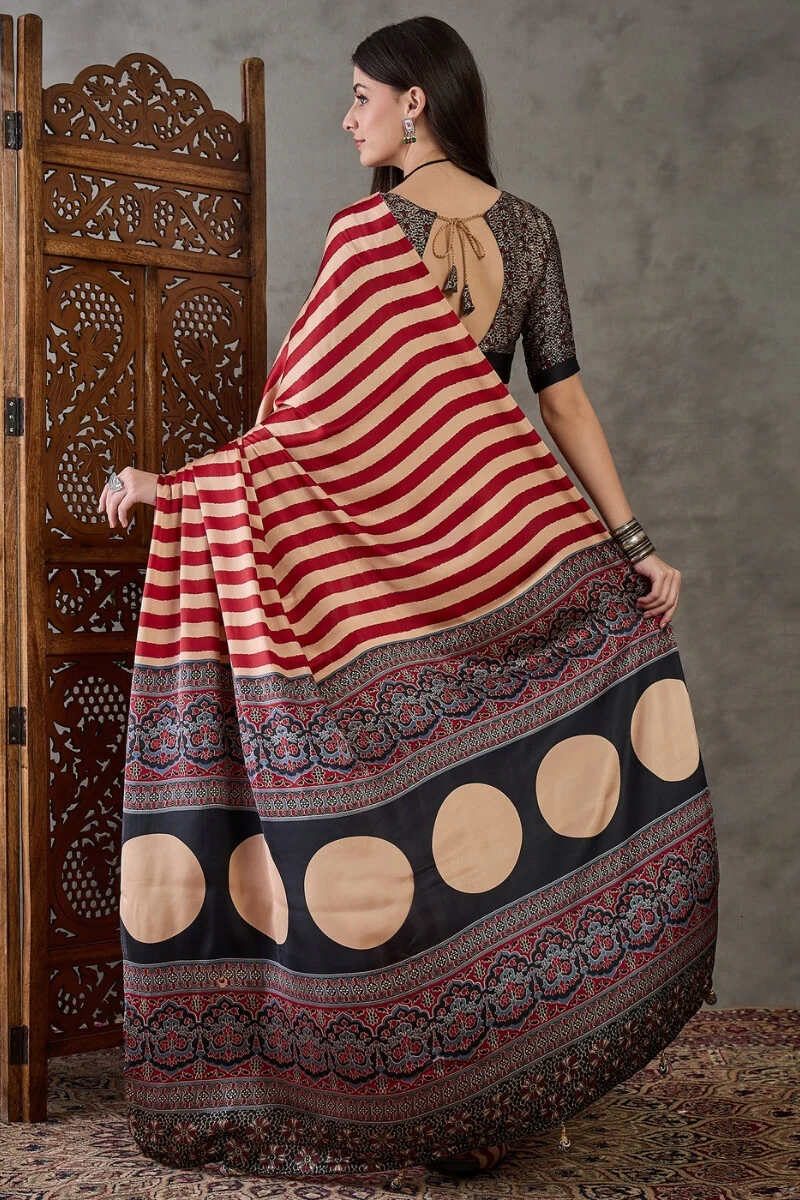 Improbable Red Ajrakh Printed Semi Modal Silk Saree With Exquisite Blouse Piece - Image 7