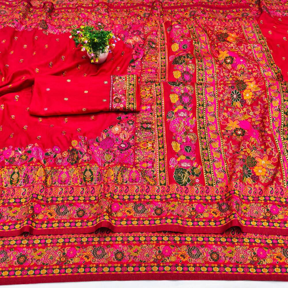 Improbable Red Nylon Dola Pashmina Saree With Sonorous Blouse Piece - Image 4