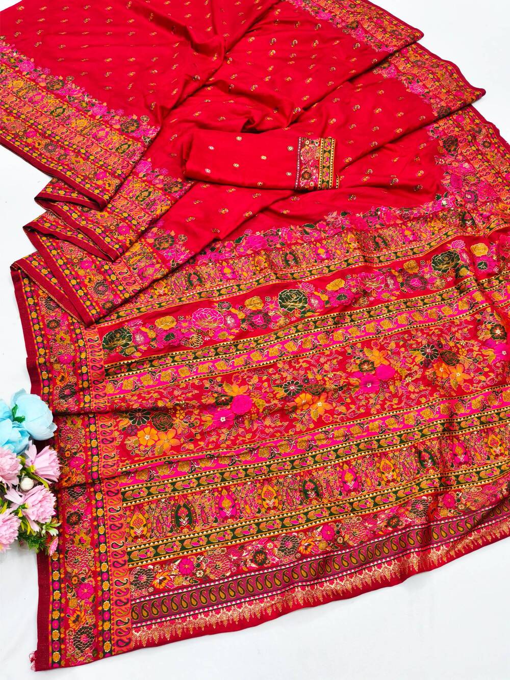 Improbable Red Nylon Dola Pashmina Saree With Sonorous Blouse Piece - Image 5