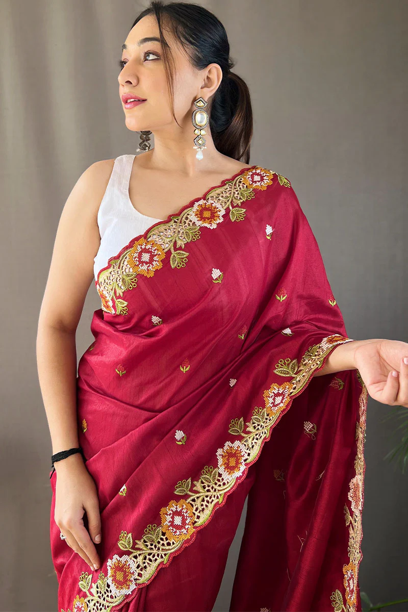 Improbable Wine Embroidery Work Tussar Silk Saree With Elaborate Blouse Piece - Image 2