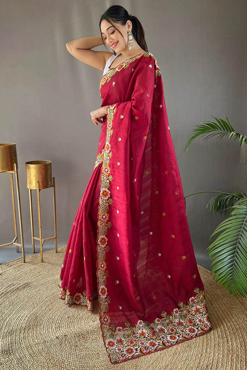 Improbable Wine Embroidery Work Tussar Silk Saree With Elaborate Blouse Piece - Image 3