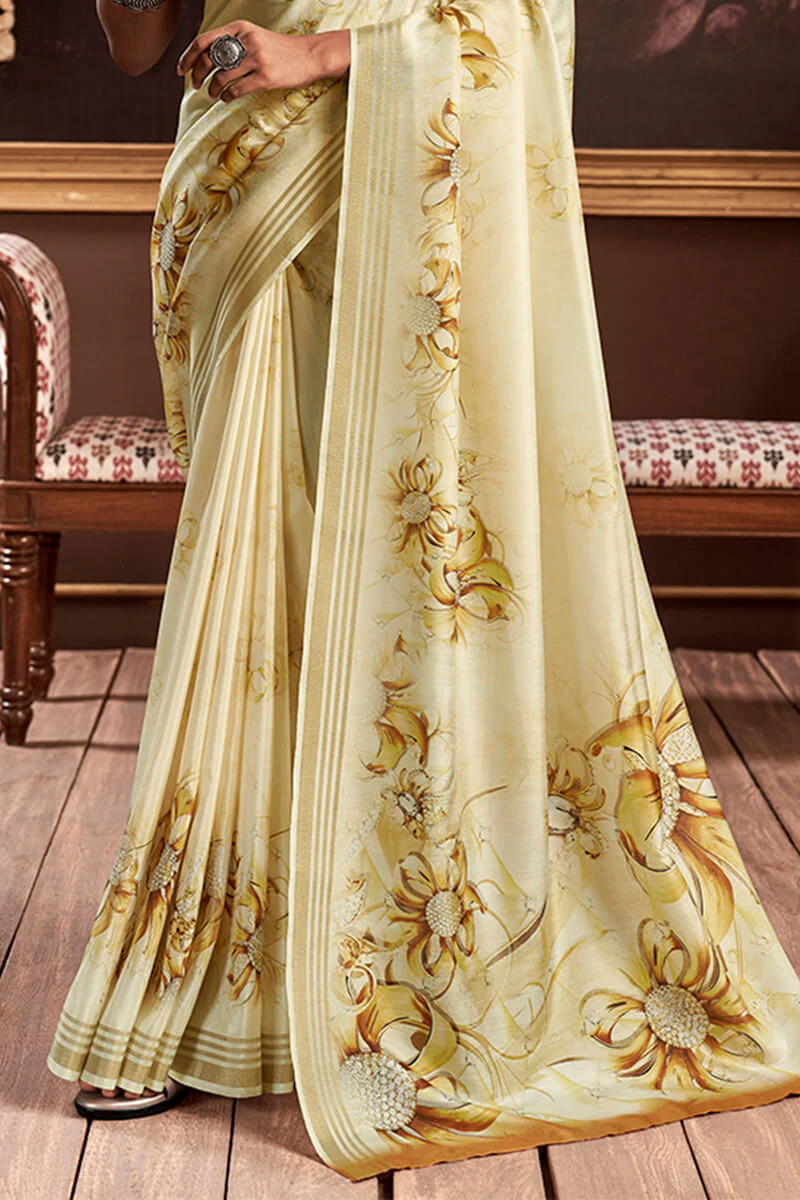 Improbable Yellow Digital Printed Soft Silk Saree With Radiant Blouse Piece - Image 3