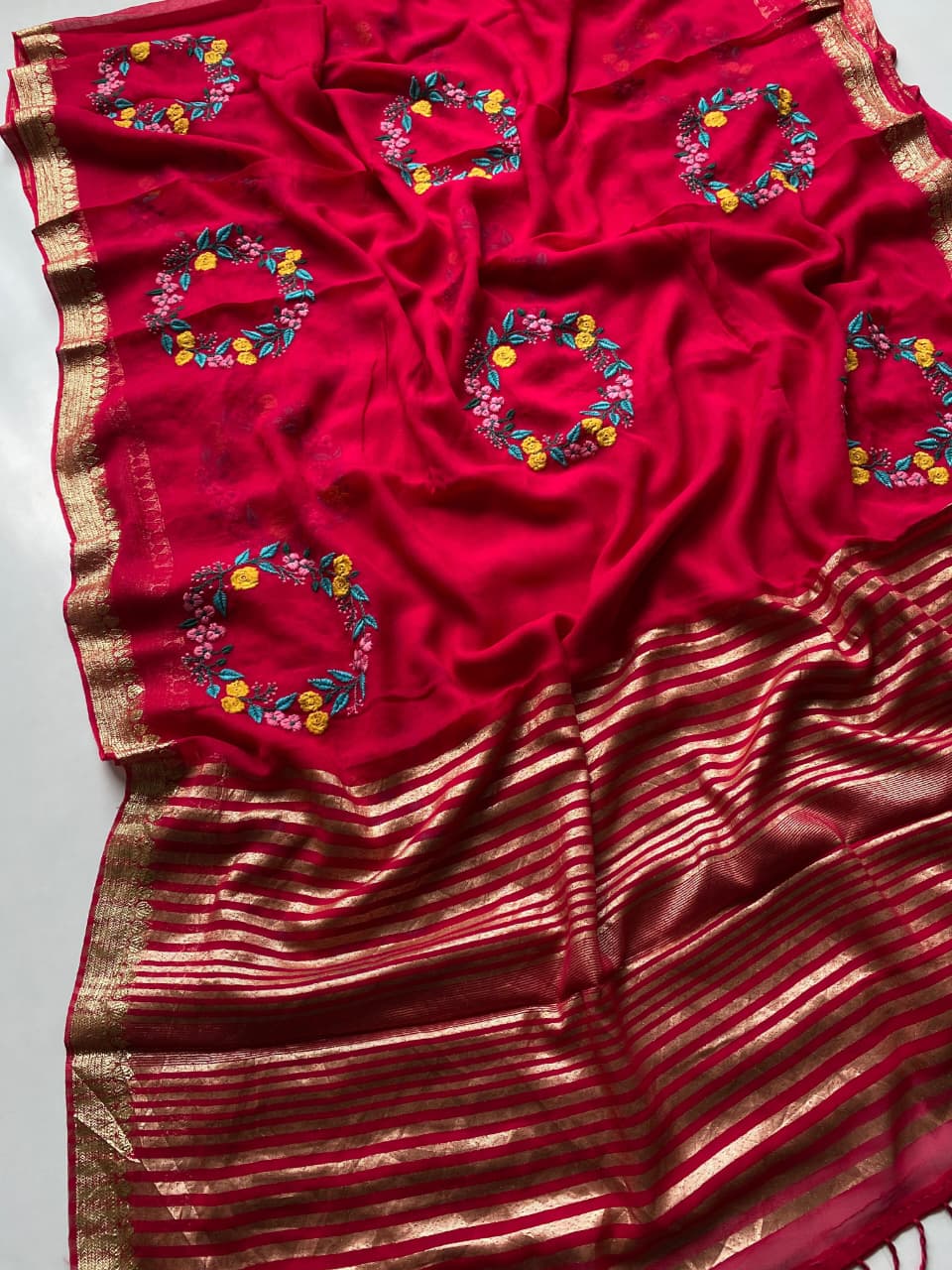 Incomparable Dark Pink Embroidery Work Viscose Georgette Saree With Devastating Blouse Piece - Image 2