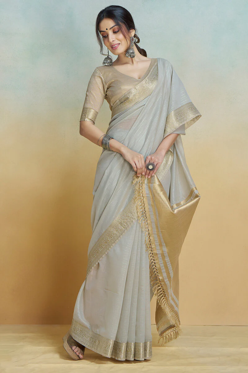 Incomparable Grey Cotton Silk Saree With Cynosure Blouse Piece - Image 3