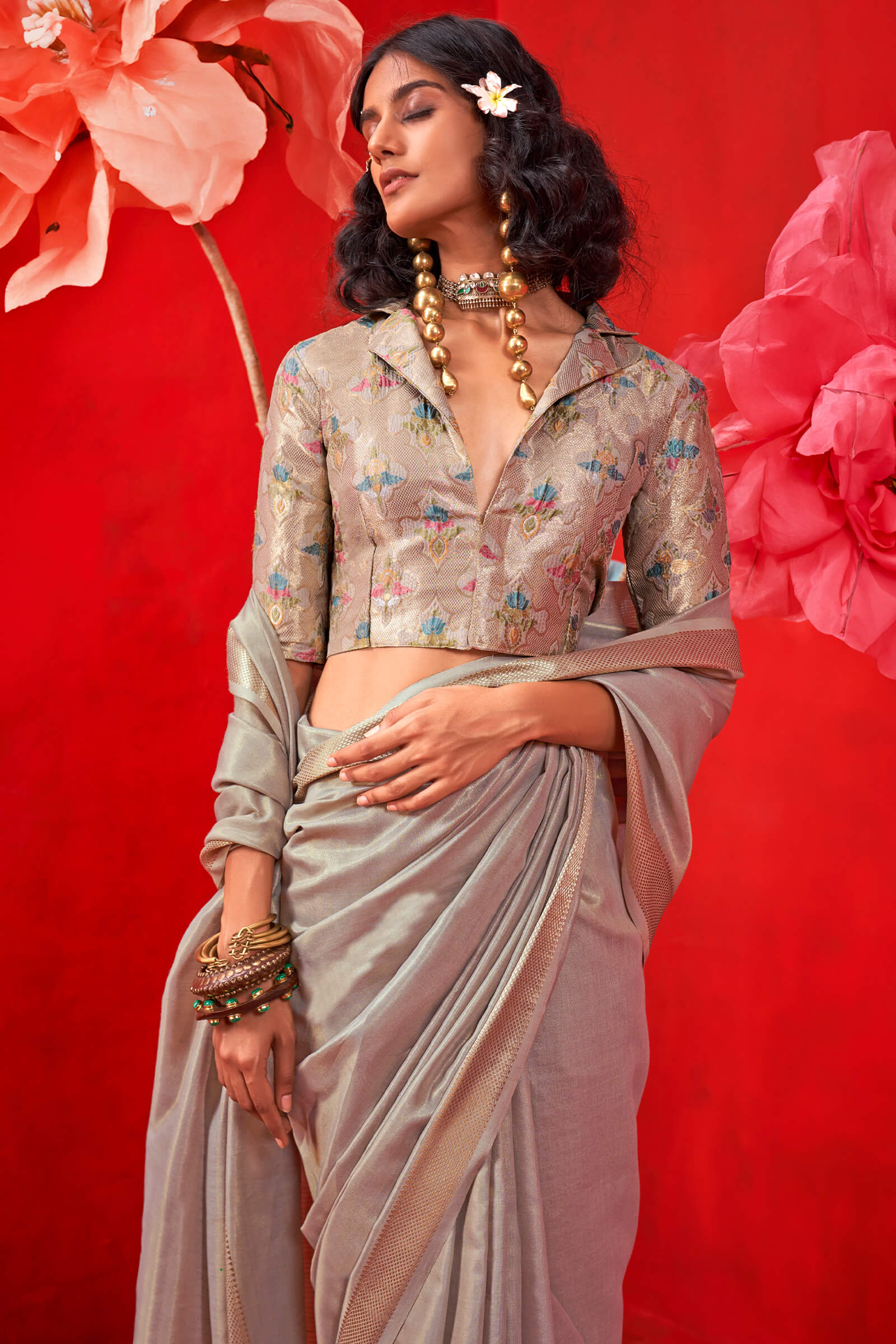 Incomparable Grey Soft Banarasi Tissue Silk Saree With Assemblage Blouse Piece - Image 2