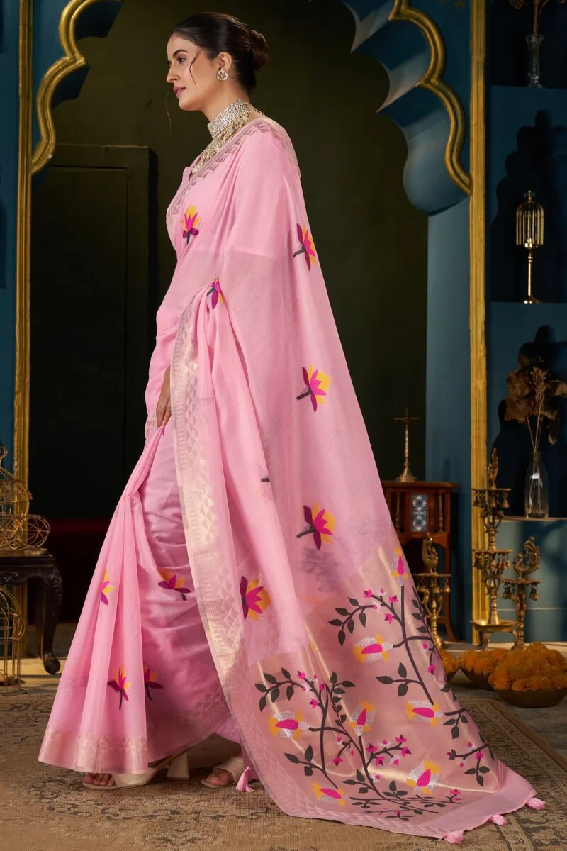 Incomparable Pink Cotton Silk Saree With Unequalled Blouse Piece - Image 3