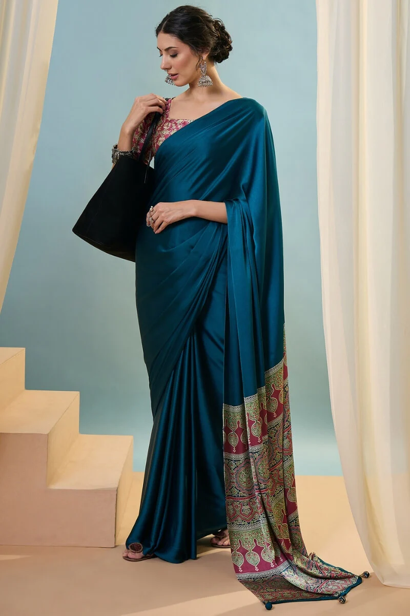 Incomparable Rama Ajrakh Printed Semi Modal Silk Saree With Trendy Blouse Piece - Image 3