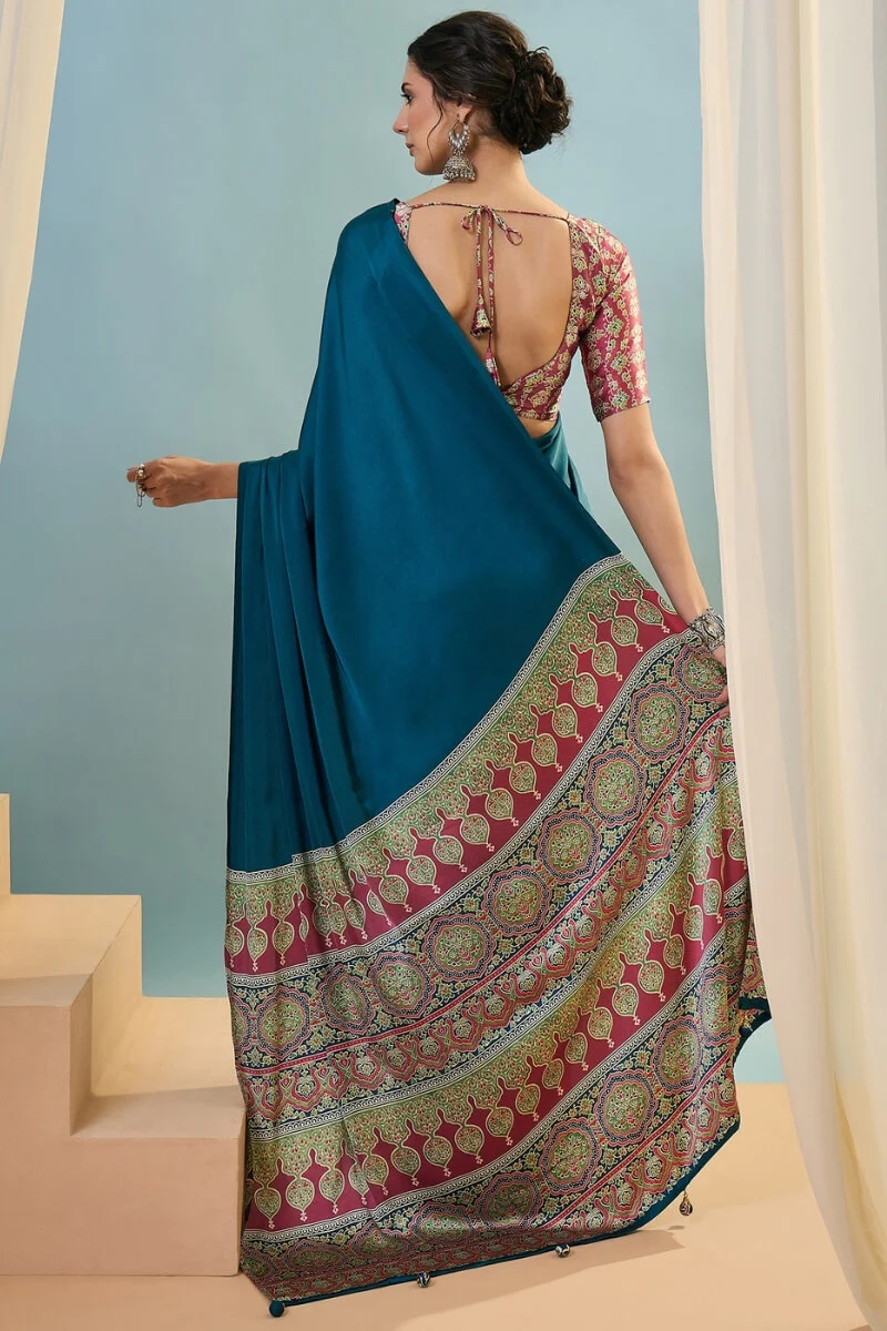 Incomparable Rama Ajrakh Printed Semi Modal Silk Saree With Trendy Blouse Piece - Image 7