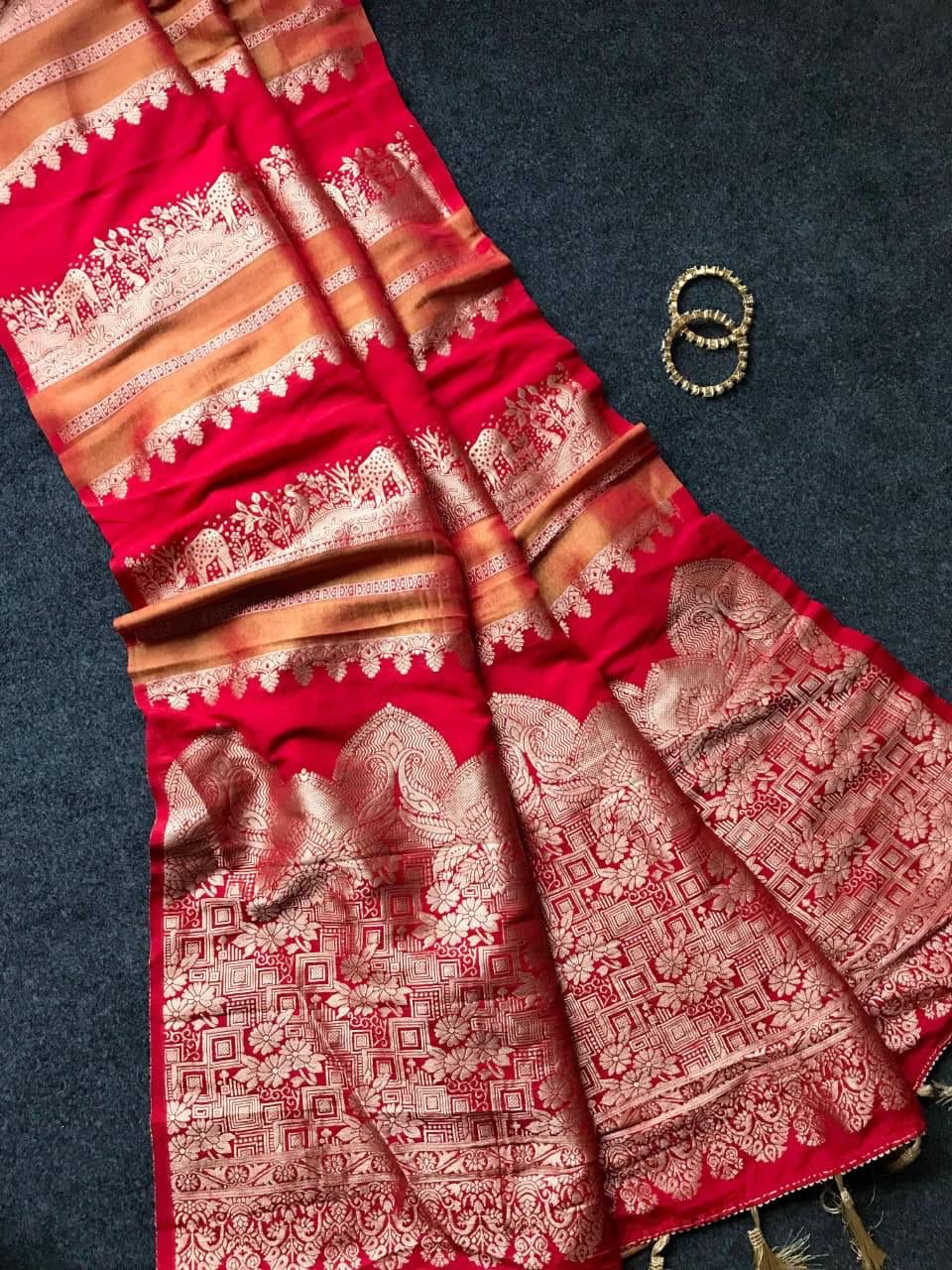 Incomparable Red Banarasi Dola Silk Saree With Exceptional Blouse Piece - Image 2