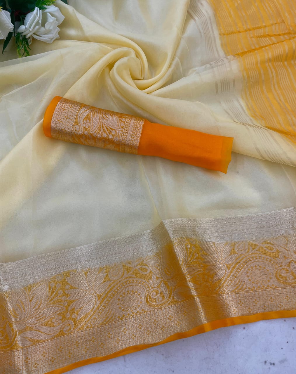 Incomparable White and Orange Orgenza Silk Saree With Fragrant Blouse Piece - Image 2
