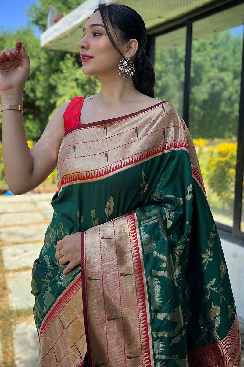 Incredible Dark Green Paithani Silk Saree With Delectable Blouse Piece - Image 2