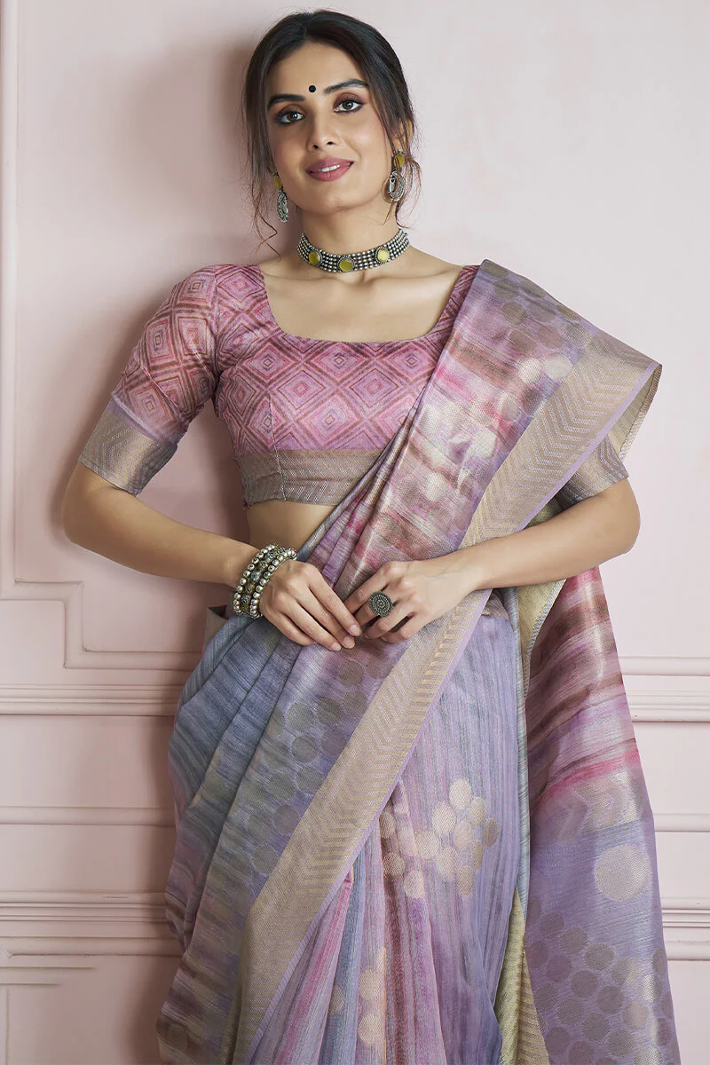 Incredible Lavender Digital Printed Khadi Silk Saree With Effervescent Blouse Piece - Image 2