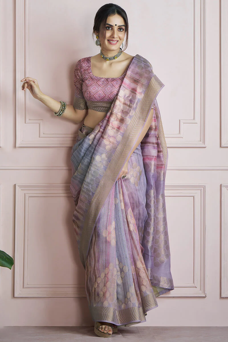 Incredible Lavender Digital Printed Khadi Silk Saree With Effervescent Blouse Piece - Image 3