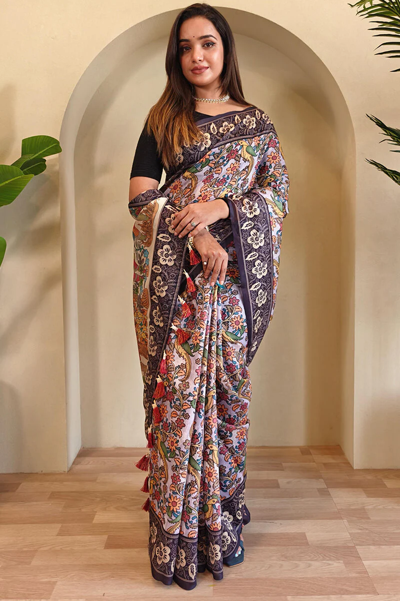 Incredible Lavender Kalamkari Printed Saree With Enamoring Blouse Piece - Image 2