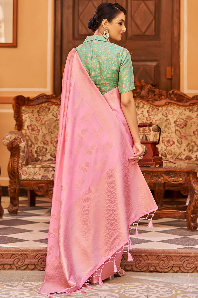 Ineffable Baby Pink Banarasi Satin Silk Saree With Charismatic Blouse - Image 6