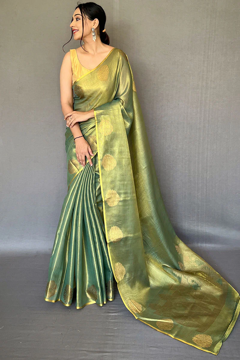 Ineffable Green Soft Banarasi Tissue Silk Saree With Nectarous Blouse Piece - Image 3