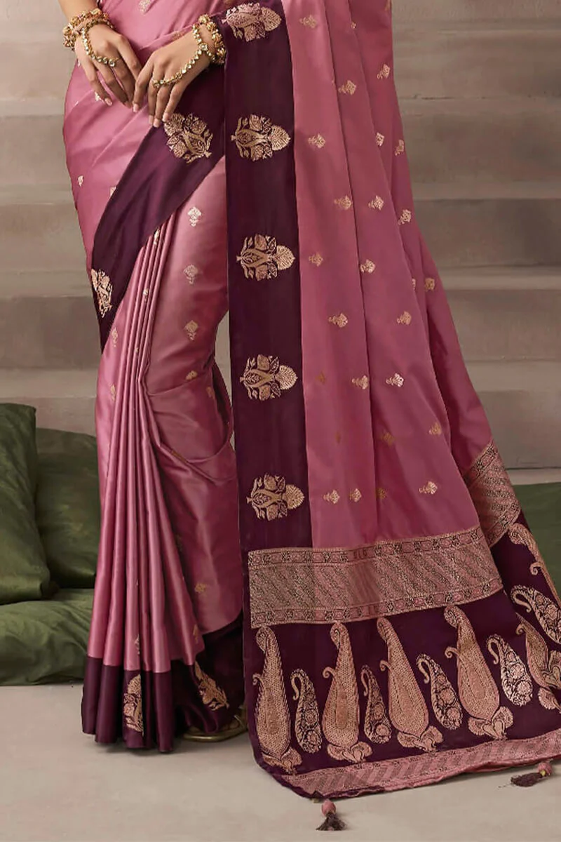 Ineffable Pink Banarasi Satin Silk Saree With Vibrant Blouse - Image 4