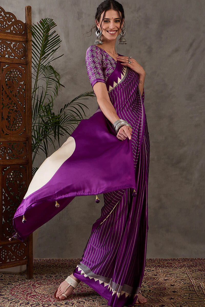 Ineffable Purple Ajrakh Printed Semi Modal Silk Saree With Splendorous Blouse Piece - Image 3