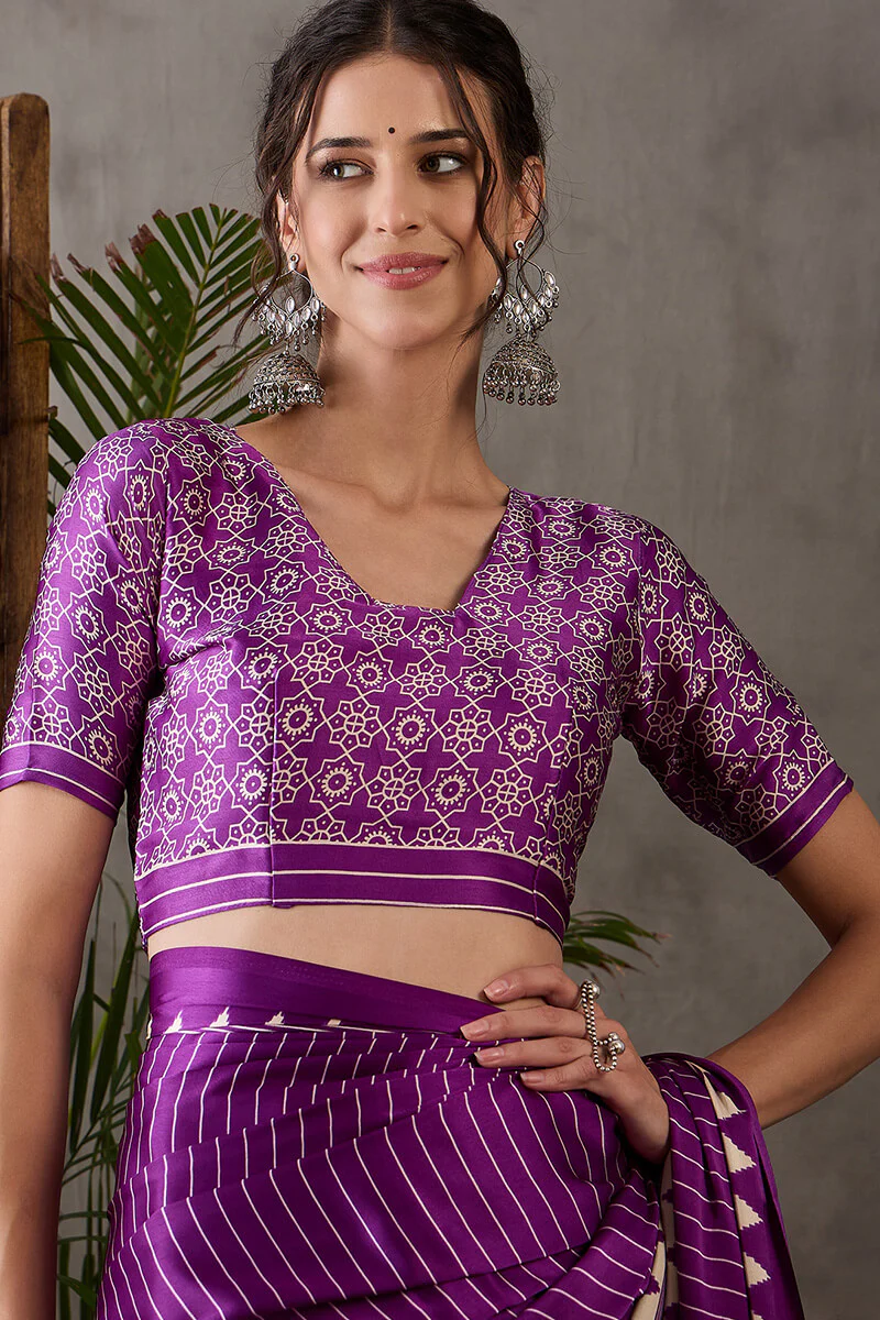 Ineffable Purple Ajrakh Printed Semi Modal Silk Saree With Splendorous Blouse Piece - Image 4