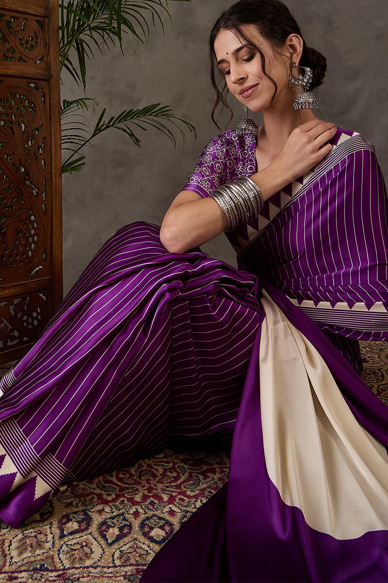 Ineffable Purple Ajrakh Printed Semi Modal Silk Saree With Splendorous Blouse Piece - Image 5