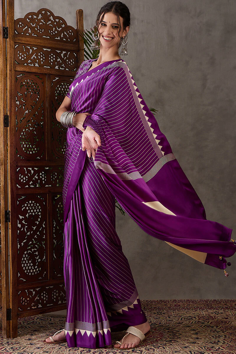 Ineffable Purple Ajrakh Printed Semi Modal Silk Saree With Splendorous Blouse Piece - Image 6