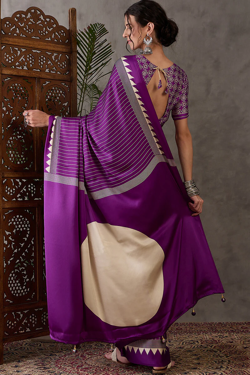Ineffable Purple Ajrakh Printed Semi Modal Silk Saree With Splendorous Blouse Piece - Image 7