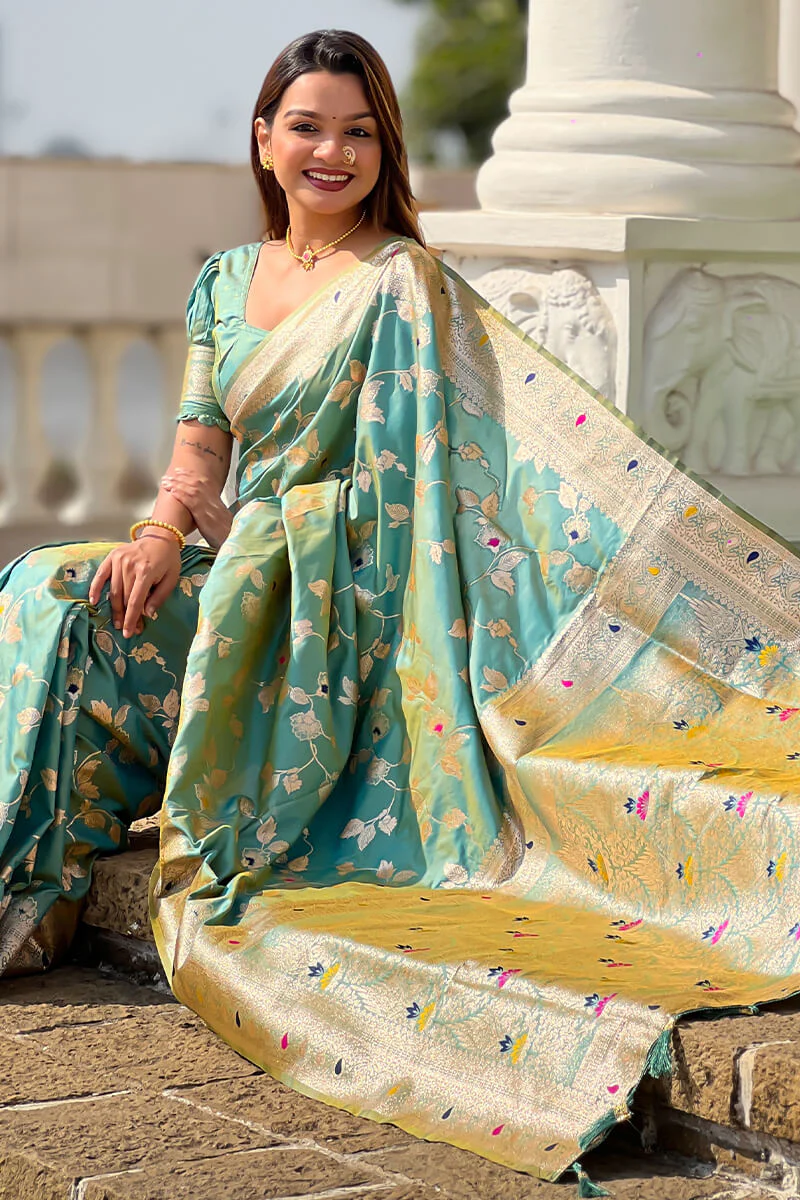 Ineffable Sea Green Soft Banarasi Silk Saree With Scrupulous Blouse Piece - Image 6