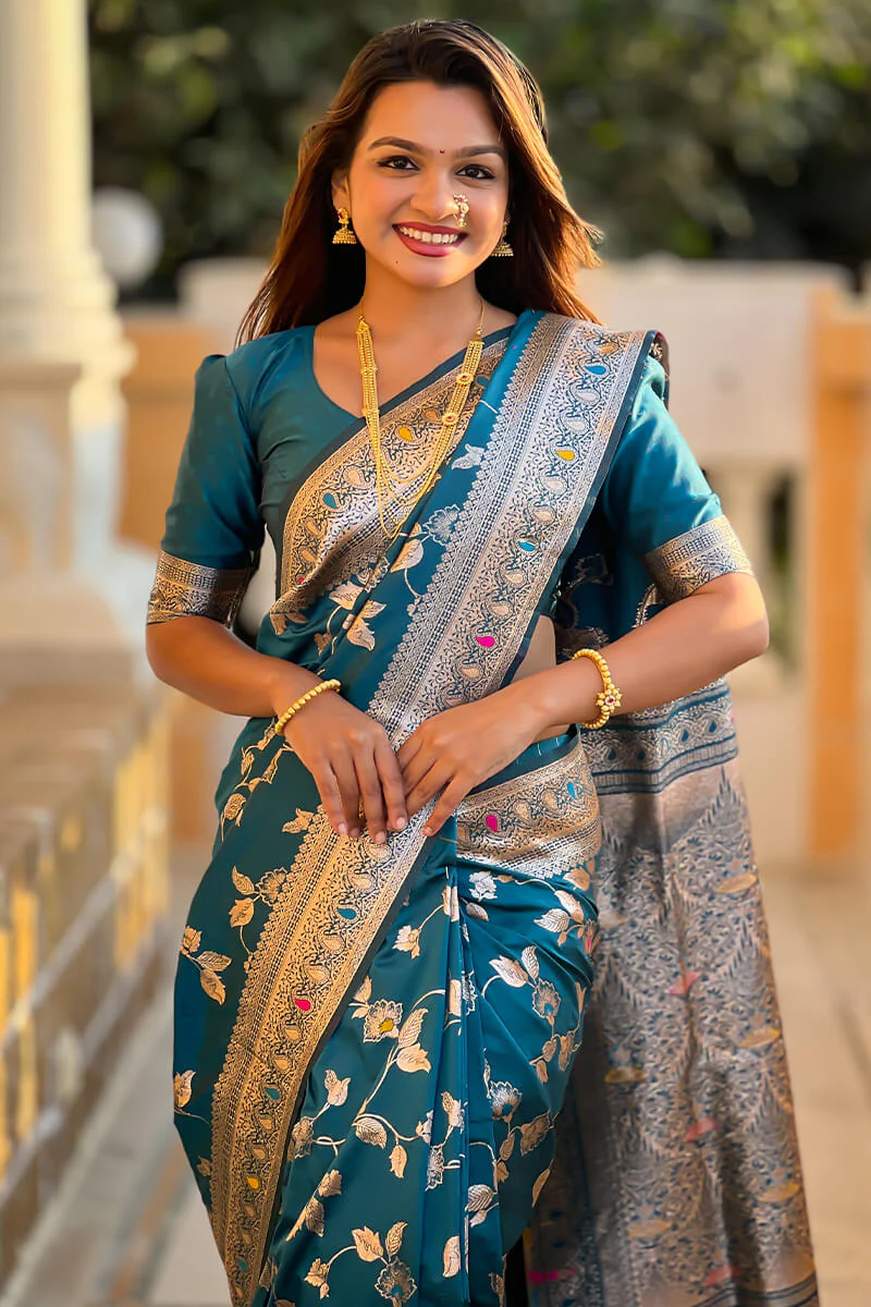 Ineffable Teal Blue Soft Banarasi Silk Saree With Zephyr Blouse Piece - Image 2