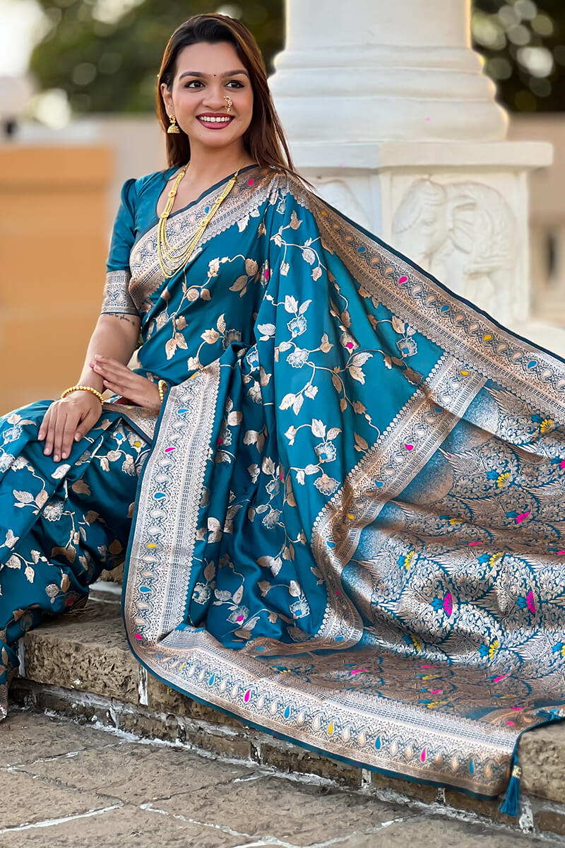 Ineffable Teal Blue Soft Banarasi Silk Saree With Zephyr Blouse Piece - Image 5