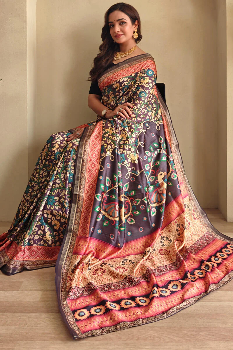 Ineffable Wine Soft Silk Kalamkari Printed Saree With Vibrant Blouse Piece - Image 2
