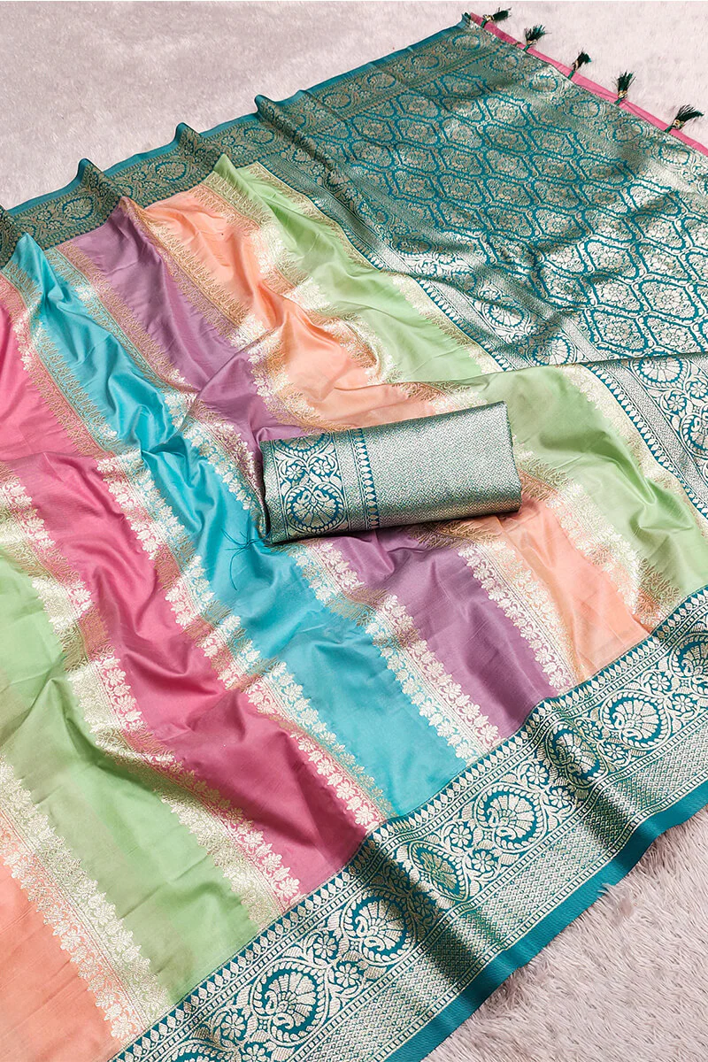 Inimitable Multicolor Soft Banarasi Silk Saree With Hypnotic Blouse Piece - Image 3