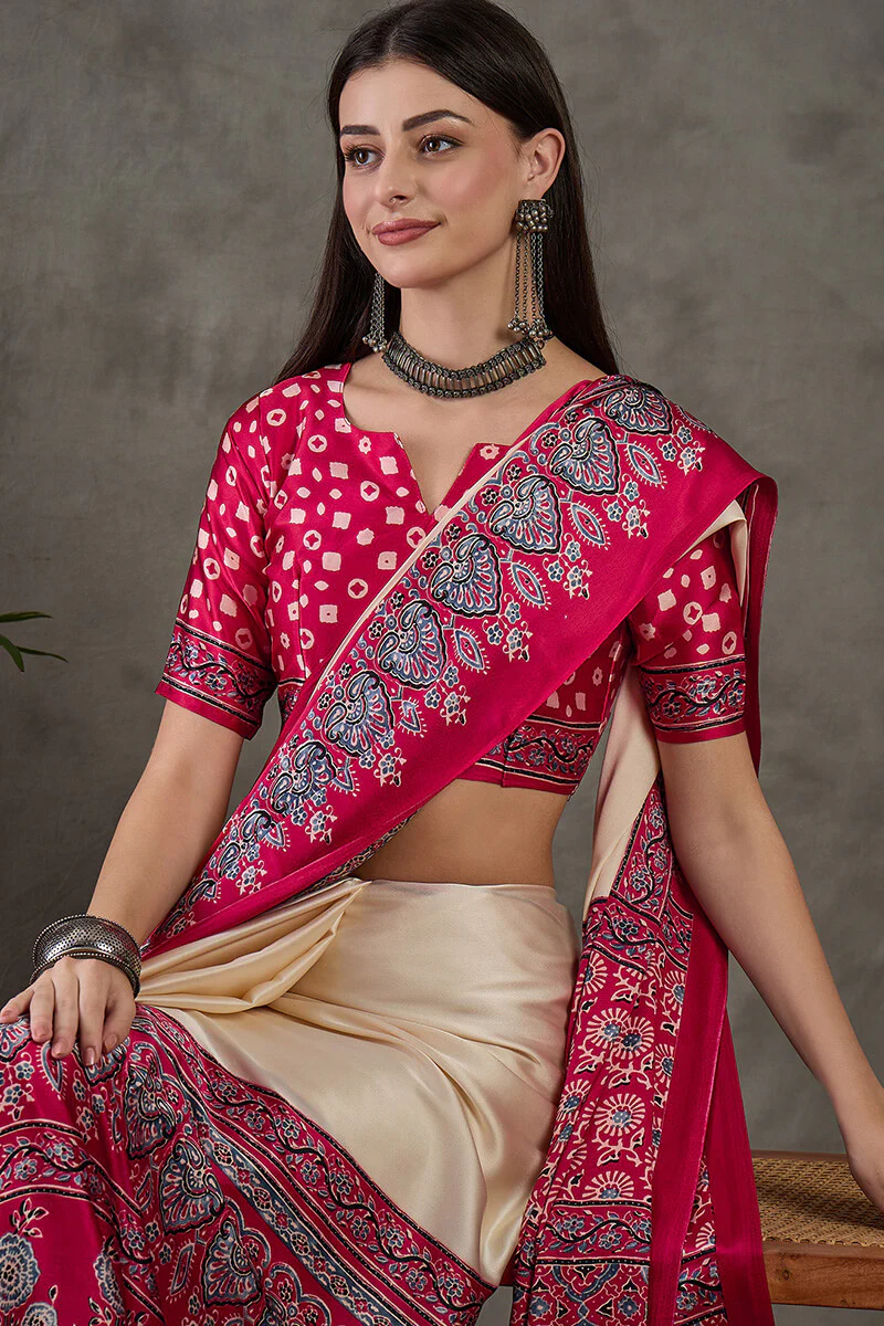 Inimitable Off White Ajrakh Printed Semi Modal Silk Saree With Assemblage Blouse Piece - Image 2