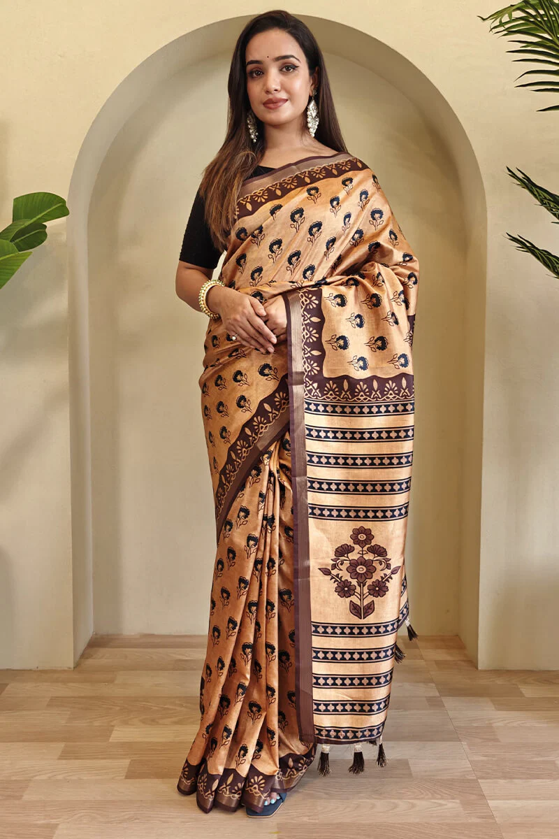 Inimitable Peach Digital Printed Dola Silk Saree With Scrupulous Blouse Piece - Image 3