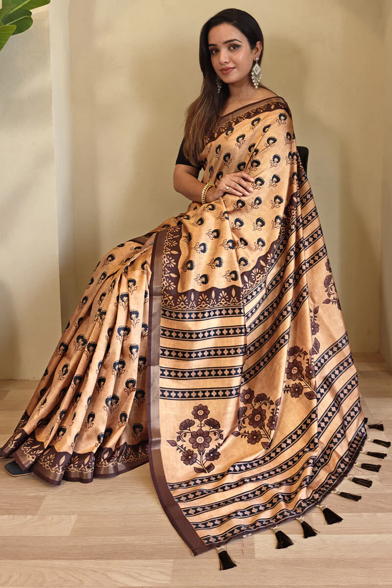 Inimitable Peach Digital Printed Dola Silk Saree With Scrupulous Blouse Piece - Image 5