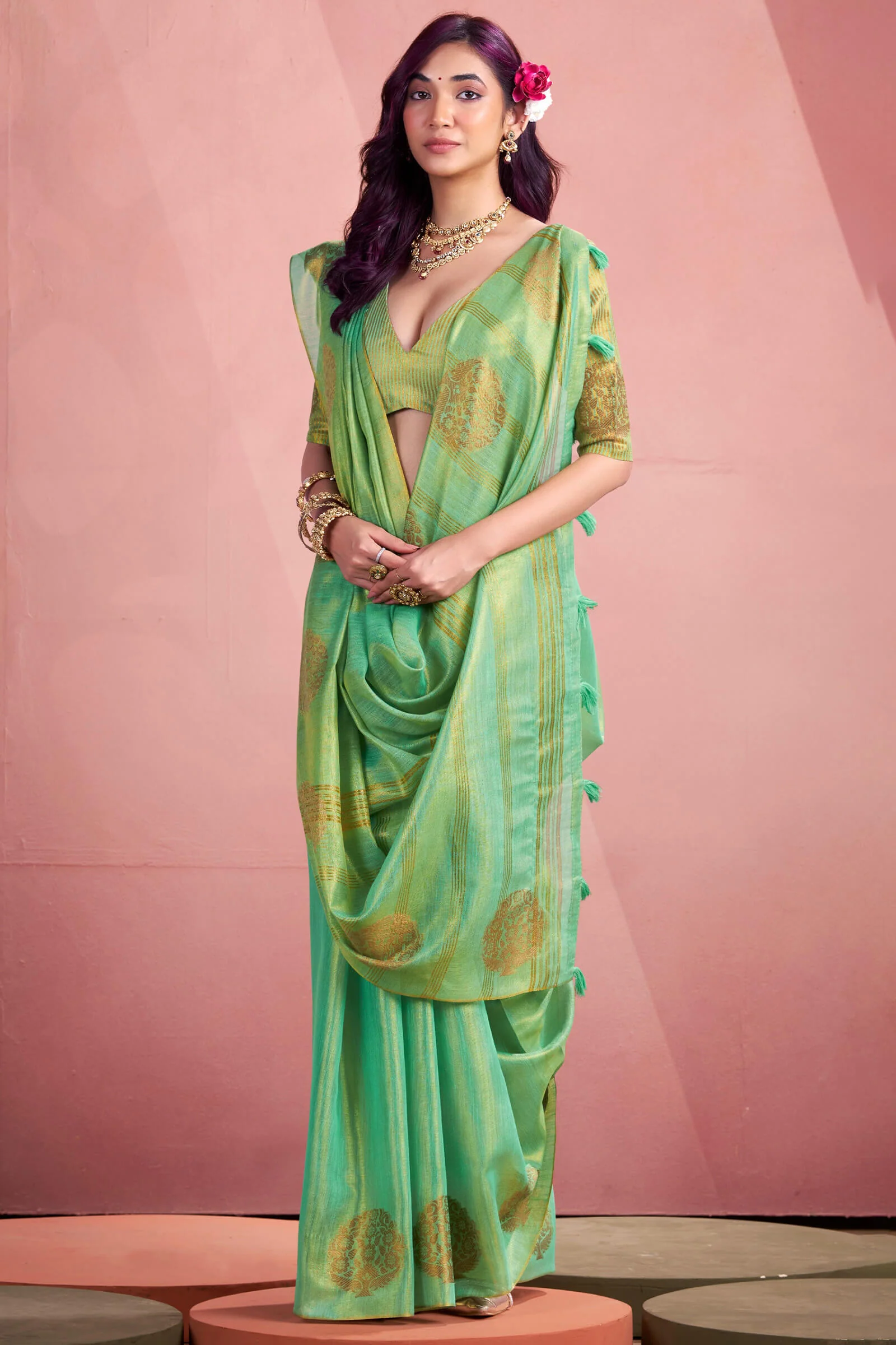 Inimitable Turquoise Soft Banarasi Tissue Silk Saree With Ideal Blouse Piece - Image 3