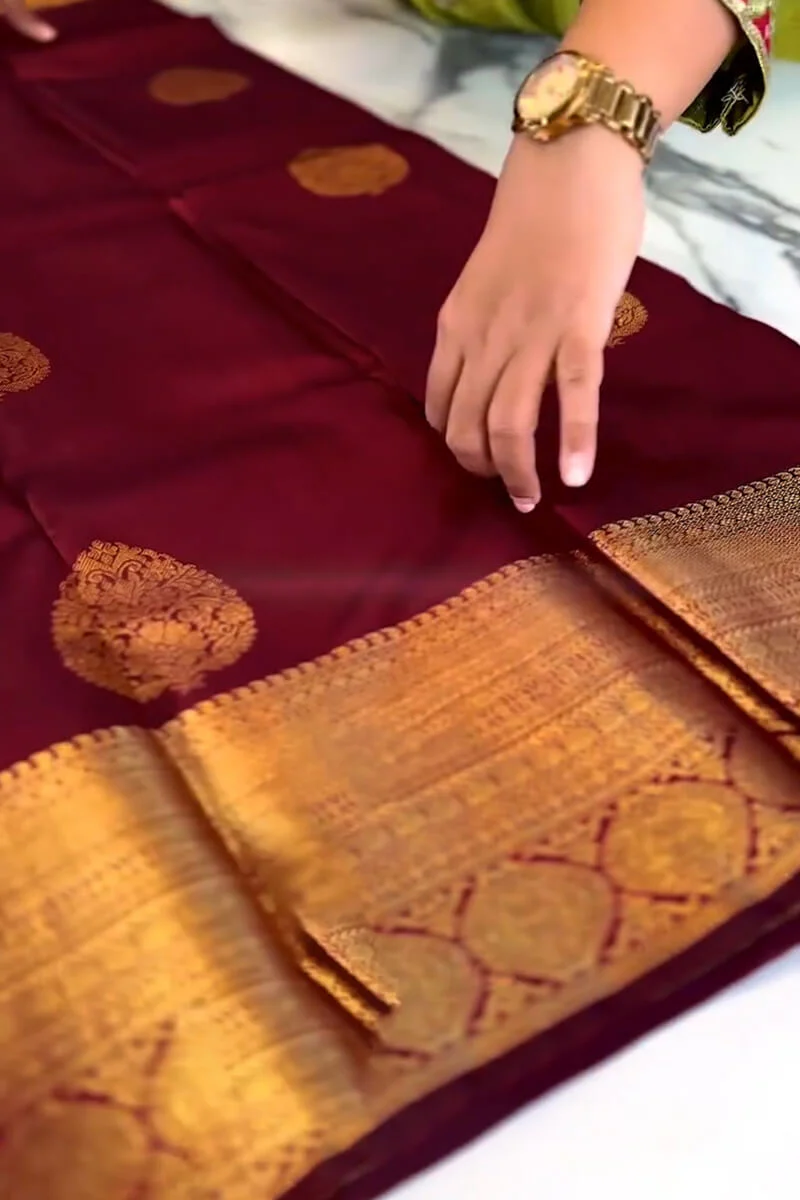 Inimitable Wine Soft Banarasi Silk Saree With Evocative Blouse Piece - Image 3