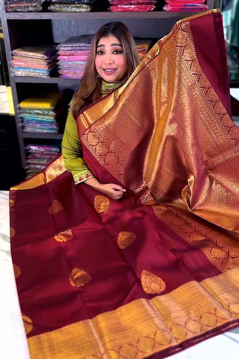 Inimitable Wine Soft Banarasi Silk Saree With Evocative Blouse Piece - Image 4