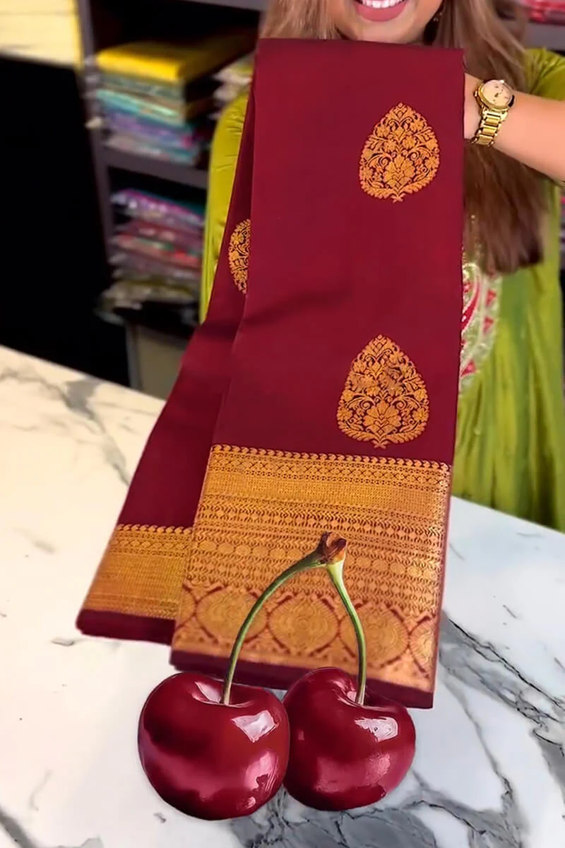 Inimitable Wine Soft Banarasi Silk Saree With Evocative Blouse Piece - Image 5