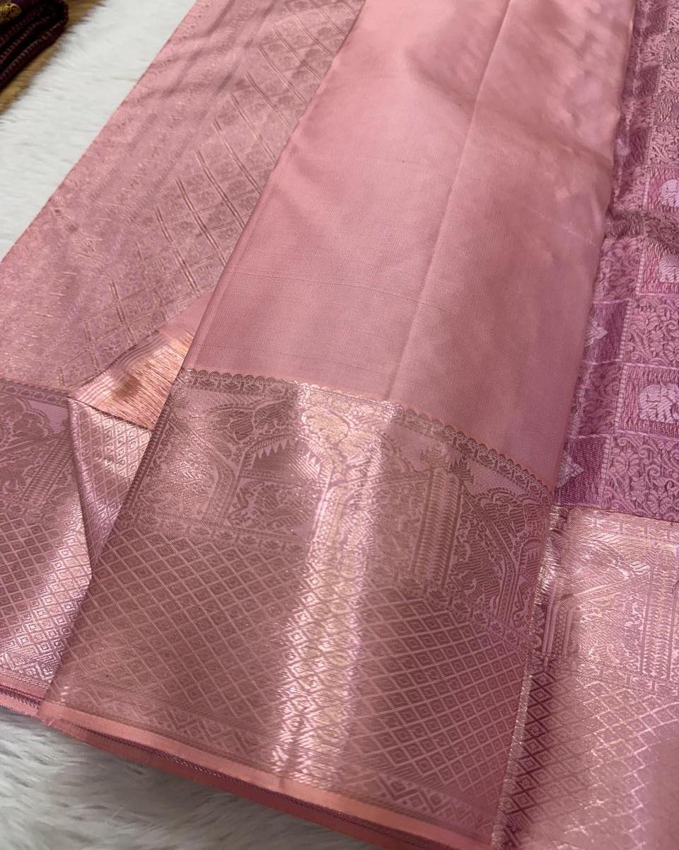 Innovative Baby Pink Soft Silk Saree With Vestigial Blouse Piece - Image 5