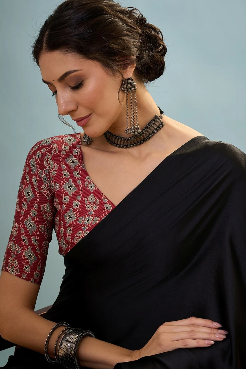 Innovative Black Ajrakh Printed Semi Modal Silk Saree With Snazzy Blouse Piece - Image 3