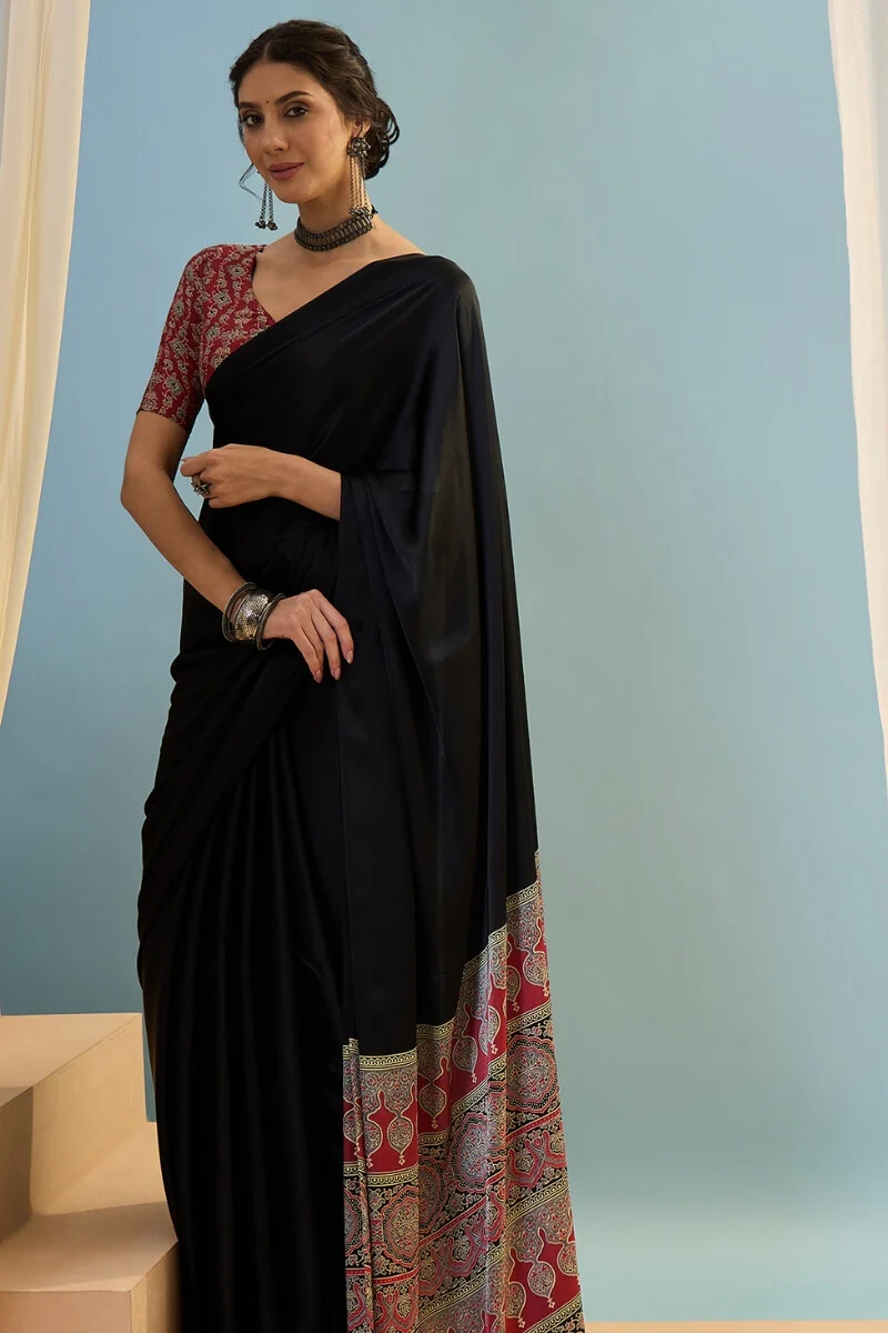 Innovative Black Ajrakh Printed Semi Modal Silk Saree With Snazzy Blouse Piece - Image 5