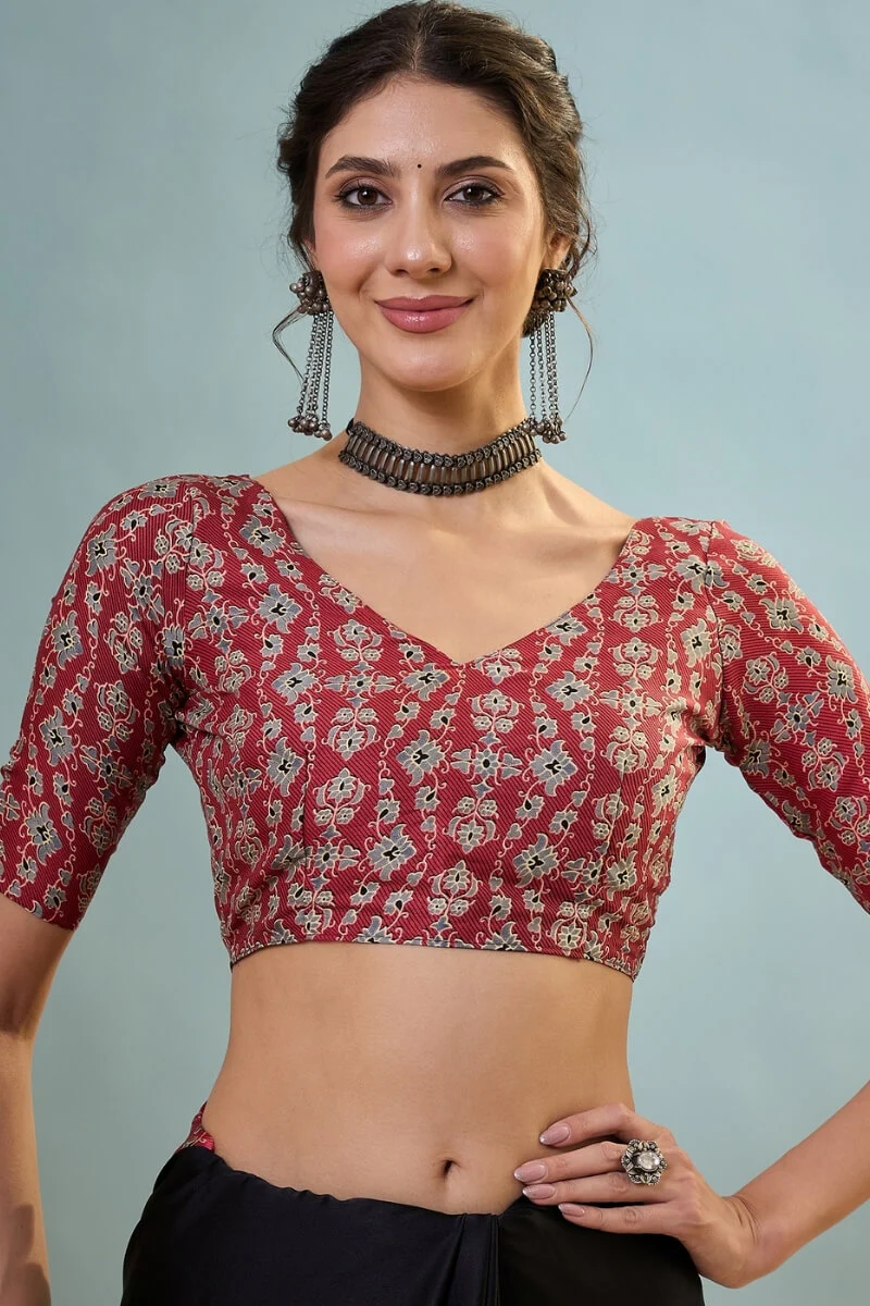 Innovative Black Ajrakh Printed Semi Modal Silk Saree With Snazzy Blouse Piece - Image 6