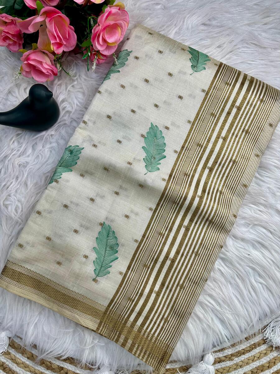 Innovative Off White Embroidery Work Tussar Silk Saree With Amazing Blouse Piece - Image 2